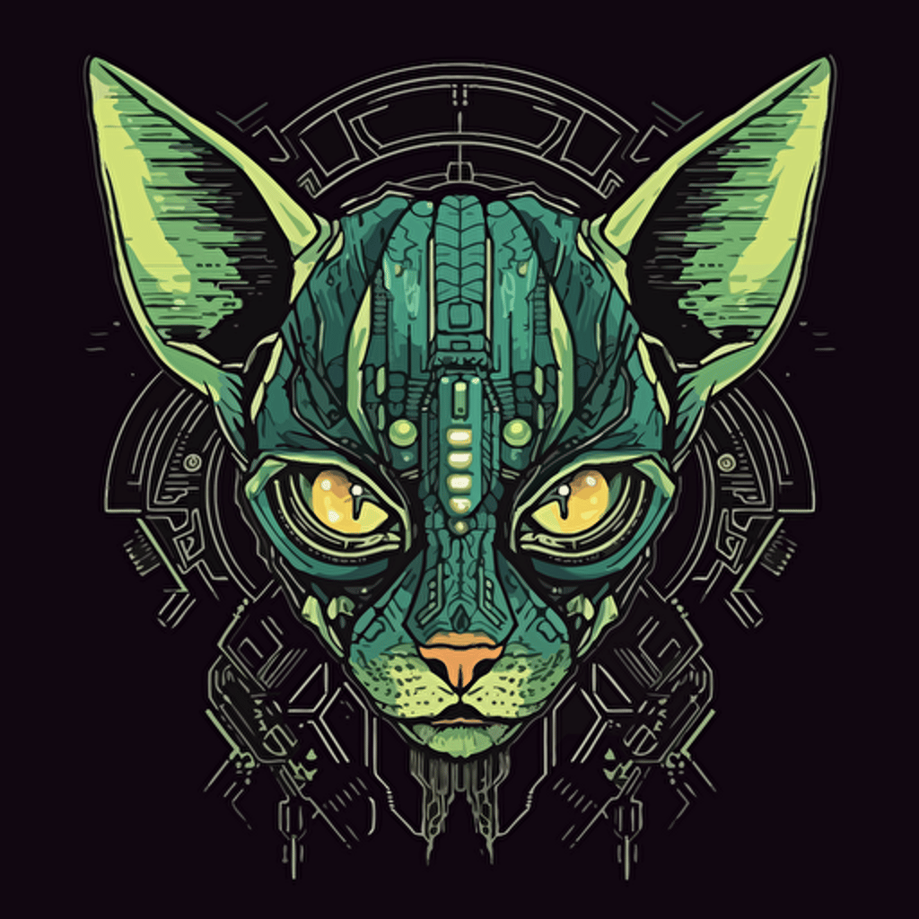 Logo, Menacing, Alien Mecha Cat, Sphynx, Cyberpunk, Green Eyes, Big Ears, Triangle Base, Vector Style,