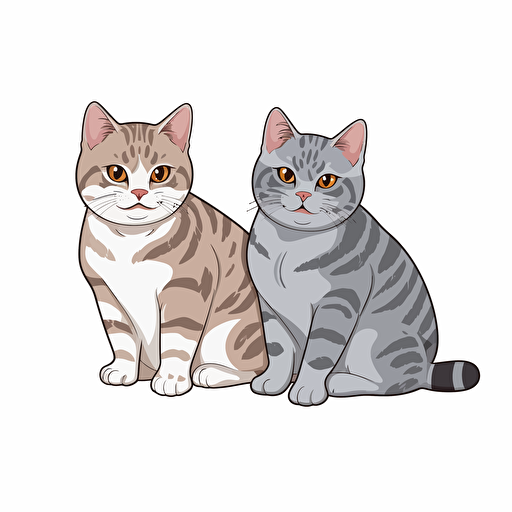 sticker, two American shorthair cats, whole bodies, realistc animation, colorful vector, white background