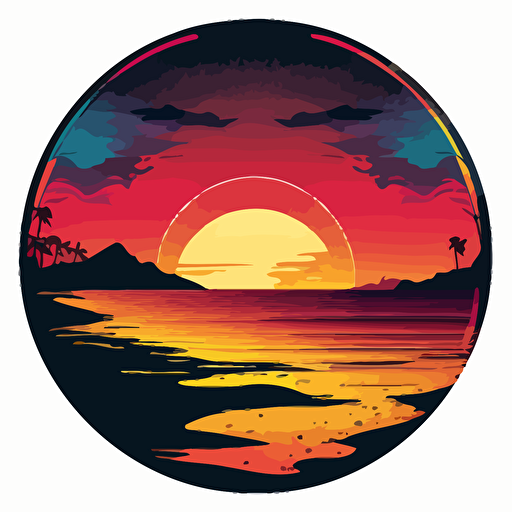 Retro sunset beach view, primary sunset colors in round silhouette melting at the bottom of the image, flat image, vector style