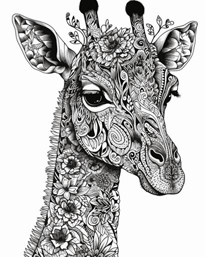 Create a paisley pattern design featuring a Giraffe next a Baobab Tree, creative, clean vector illustration, no gray filling, no black filling, no shade of any color::4 , coloring page for adults::3, image for coloring, printable outlined art, outline only, super detailed, hyperrealist, minimalistic, ultra high definition, Digital painting
