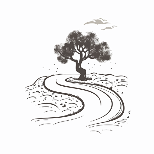 A path leads to a hill with an olive tree on it, the illustration is illustrated with a minimalistic and clean black vector line, the path connects to the trunk of the tree