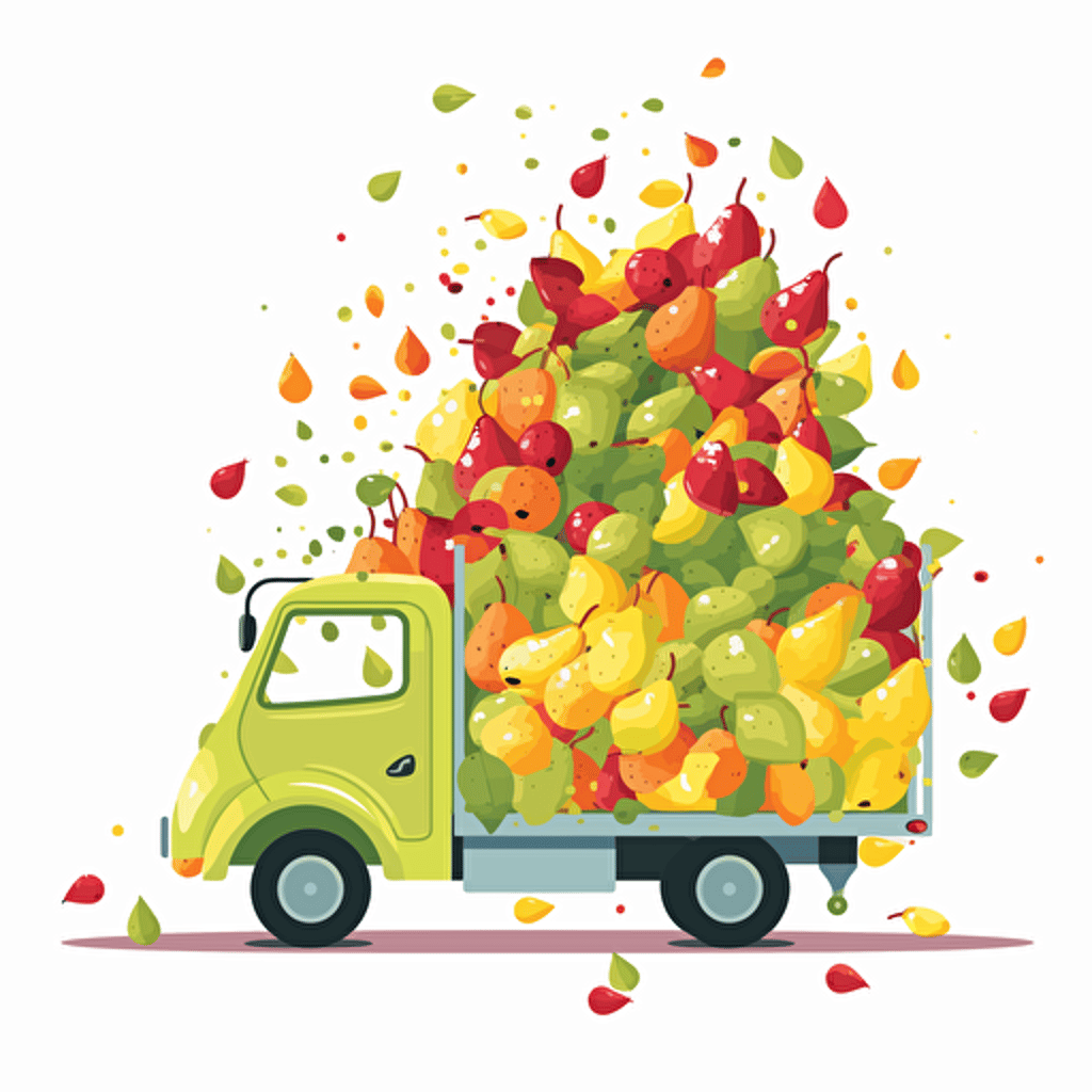 concrete mixer truck full of pears only, pears falling from inside, colorfull, vivid colors, white background, vector style