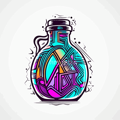 Logo with thin pure black outline, pure color bands, glitch matrix, Brian Eno, synthwave, cyberpunk inspired, white background, colorful, cel-shaded potion bottle in cyberpunk style, prop design, contour, vector art
