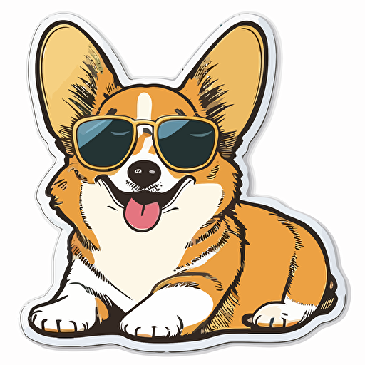 sticker kawaii cute happy dog wearing sunglasses, professional design vector, contour, white background