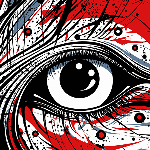 an abstract drawing of an eye looking confused a little happy and suprised, vector black and white, background red