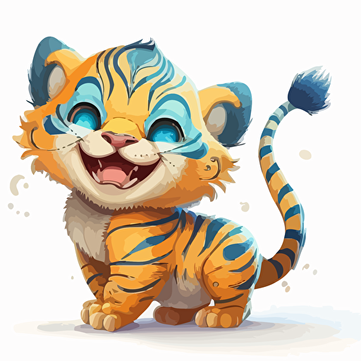 A gorgeous yellow and blue baby fur tiger, smiling, white background, vector art , pixar style