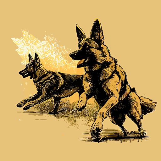 aggressive german shepherd and malinois, teech showing lunging forward, vector, high detail