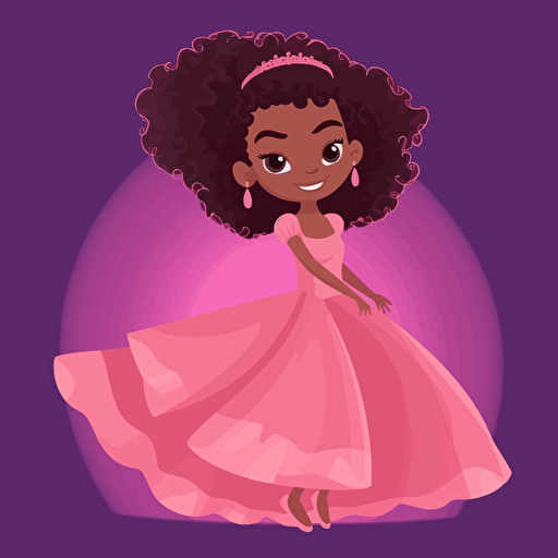 vector illustration of a beautiful happy black mixed race little girl princess with wild Afro hairstyle in long soft pink dress , vivid colors, white background