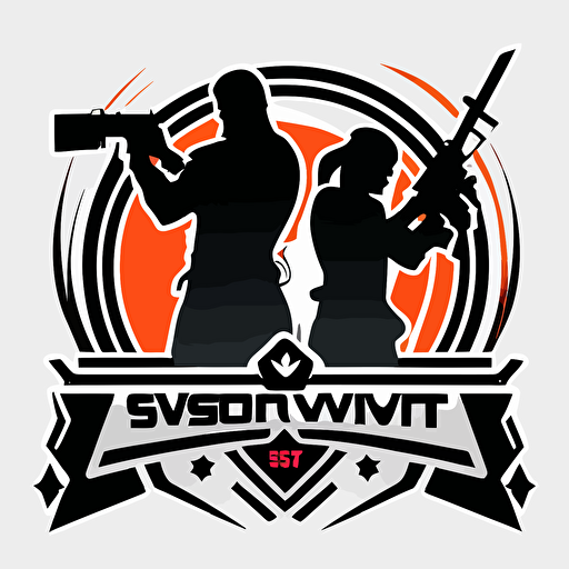 a simple emblem for an esports gaming tournament with two androgenous silhouettes of gamers, white background, weapons, video games, FPS, fortnite, among us, 1v1, youtube, twitch, mrbeast, silhouettes, flat, vector