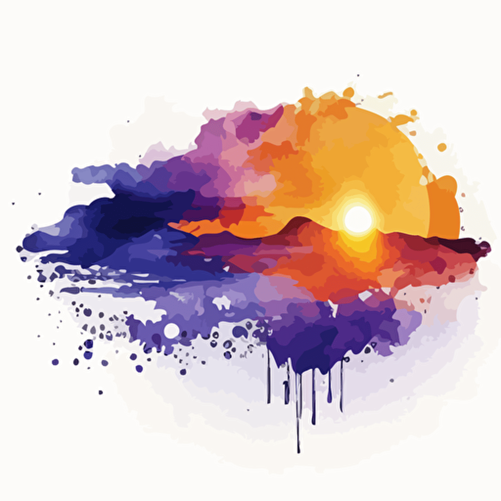 watercolor effect of sunrise over the ocean, dreamy, white background, fading edges, navy, orange and purple, happy, celebration, vector art, refined edges