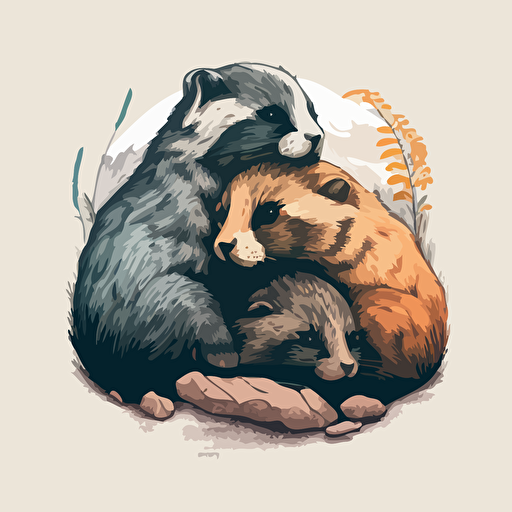 implistic vector of two marmots on their hind legs hugging each other and a calico cat sleeping