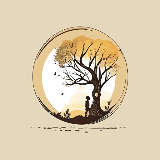 round tree vector icon, vector art, a child is playing under the tree, minimalistic, logo design, no schadows, 2d
