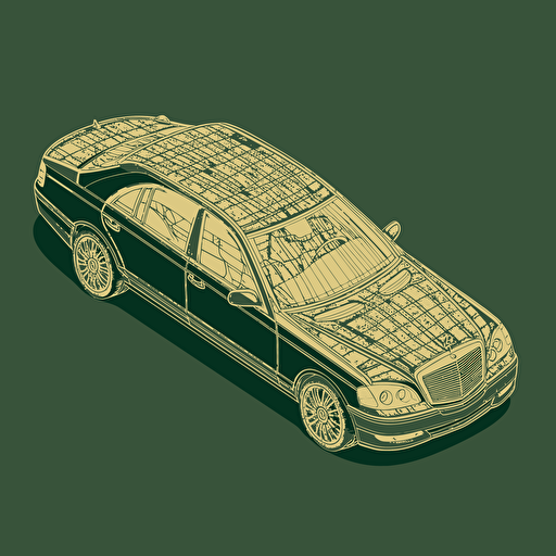 isometric world, gold over dark green 2003 Maybach 57, parked on street in Chicago, in the style of Matthew Skiff illustrations, in the style of Christopher Lee illustrations, in the style of Jonathan Ball illustrations, simple, rough-edged drawing, vector illustration, flat art,