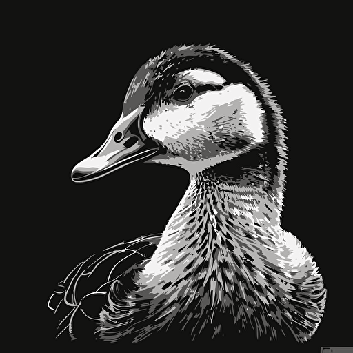 close up of clumbsy duck, on farm, in style of Gabriel Schama, black and white, flat, vector, line drawling, white background ar 1:1