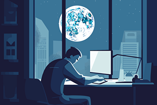 person working in office, the moon from Majora’s mask is outside the window, flat style illustration for business ideas, flat design vector, industrial, light and magical, high resolution, entrepreneur, colored cartoon style, light indigo and dark indigo, cad( computer aided design) , Lois van baarle, white background