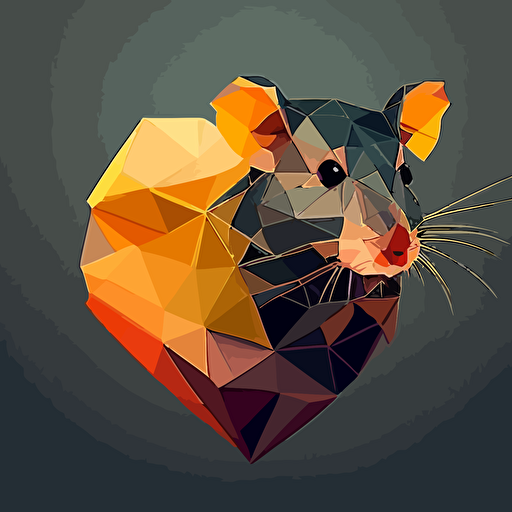 Imagine yourself in a world where low-poly faceted creatures roam freely, and among them is a rat with a head shaped like a heart. Your task is to create a minimalist vector-style image of this heart-shaped rat using flat colors. Think about the colors that would best represent this creature and use simple shapes to bring it to life. Consider the context of this creature in its environment and how it might interact with other creatures. Let your creativity guide you as you strive to create a unique and intriguing image that captures the essence of this heart-shaped rat.