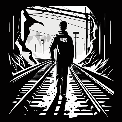 brand logo, black and white, man on train tracks, abstract, flat vector art, flat color