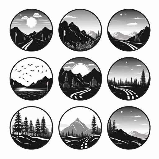 simplistic black and white sticker vector designs of a scenic road