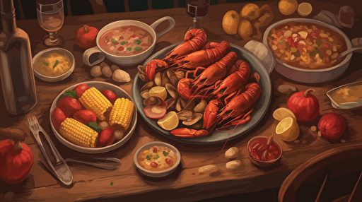 a crawfish boil dinner spread out on a table, eye view, crawfish, corn cobs, sliced saugages, small red potatoes, vector, oil painting style