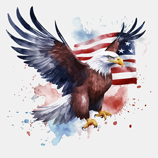 american flag eagle, detailed, cartoon style, 2d watercolor clipart vector, creative and imaginative, floral, hd, white background