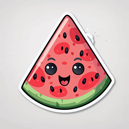sticker, cute and happy slice of watermelon, kawaii, contour, vector, white border, gray background