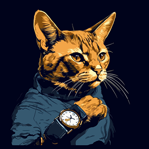 vector art style, cat looking at it's wrist watch, in the style of Michael Parks