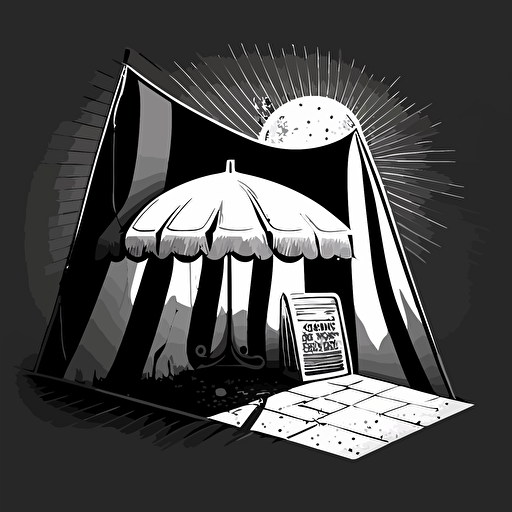 a pop-up market tent that has a broken leg. Black and white, vector image
