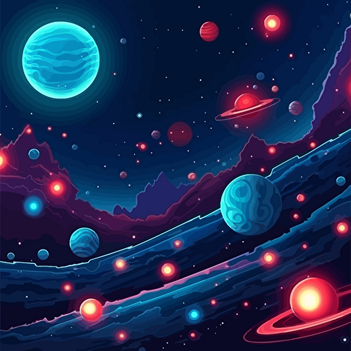 deep space background, inside a video game, vector style, glowing neon, planets, stars, asteroids