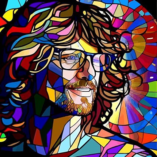 vector, longer than shoulder legnth shaggy wavy hair, wearing glasses, colorful stained glass background