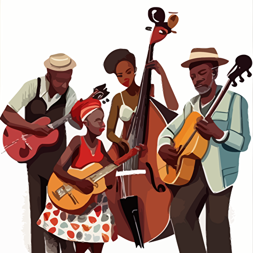 an illustration of a band of African-American musicians playing on a white background. vector drawing, in the style of Spanish illustrator Virginia Lorente