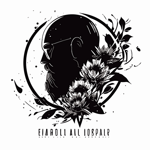 Wedding, hair makeup, story, how to increase your own value, flower, simple, design, symbol, it will lead to increasing the value of each person,Retro futuristic iconic logo of corporate exorcist, bald bearded man, Black vector, on white background.