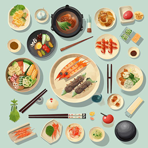 asian delicious foods 2d birdview element designs set, colorful, modern, 2d, stock vector, svg, ai, light color, high quality