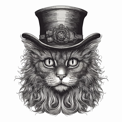 Hamilton Mortimer style illustration vector of horror cat, no color, no shading, black and white, white background