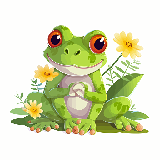 frog sitting on leaf, flowers, detailed, cartoon style, 2d clipart vector, creative and imaginative, hd, white background