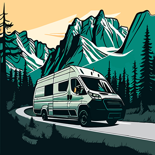Dodge promaster van driving on a paved road. Natural colors, Vector image. mountains and trees in the backgroud