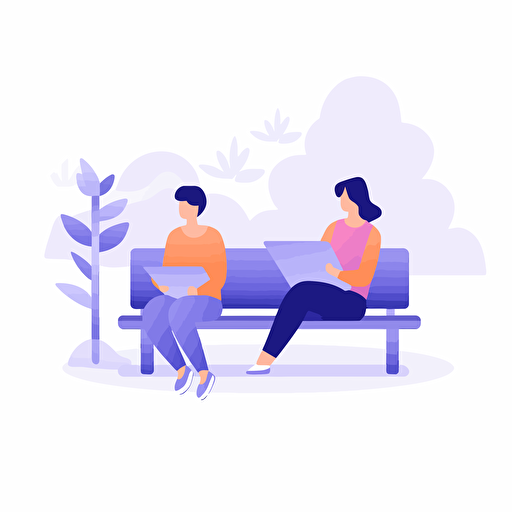 two people sitting on a bench each reading a book. Artsy flat vector illustration, light purples, white background