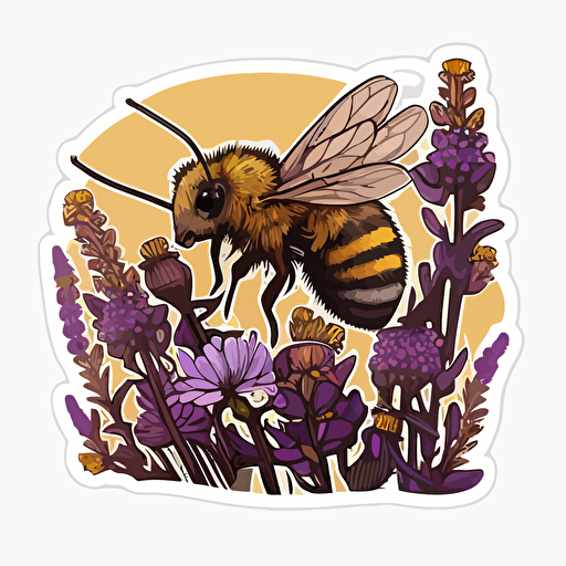 vector sticker design, transparent background, kawaii style yellow and brown honey bee collecting nectar from a field of purple wildflowers