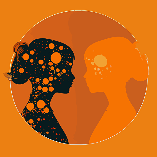 2 girl, Quirky, Introspection, gray color, orange background, simple design, vector style, white outline over silhouette