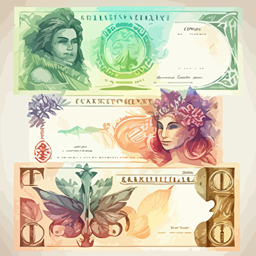 beautiful watercolor fantasy banknotes with ancient Polynesian imagery and symbols, vector art, slight anime style, medium detail