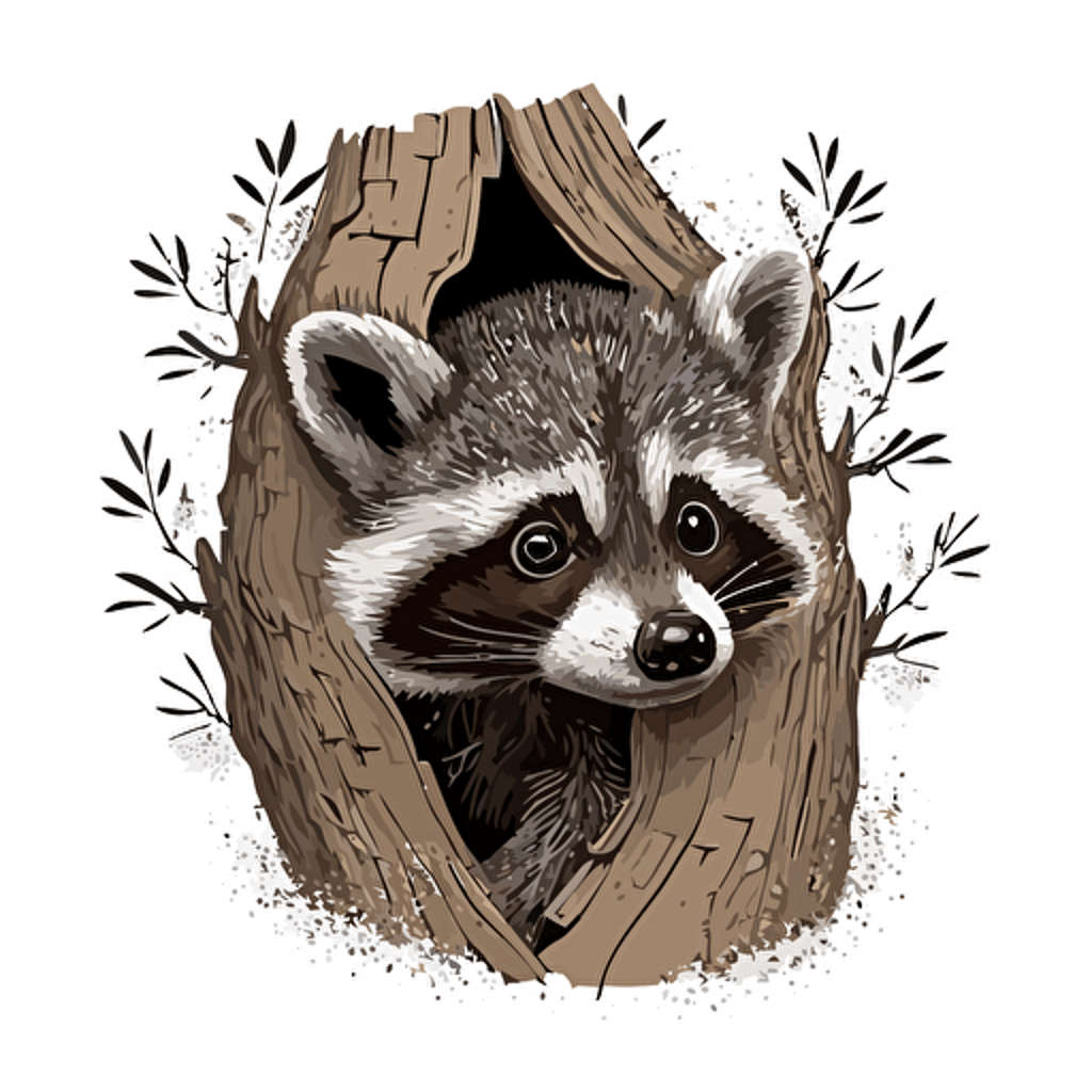 Curious raccoon vector peeking out of a tree on a white background