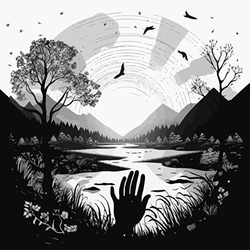 2d vector outline illustration of a hand silhouette, inside of the outline a nature scene filled scene