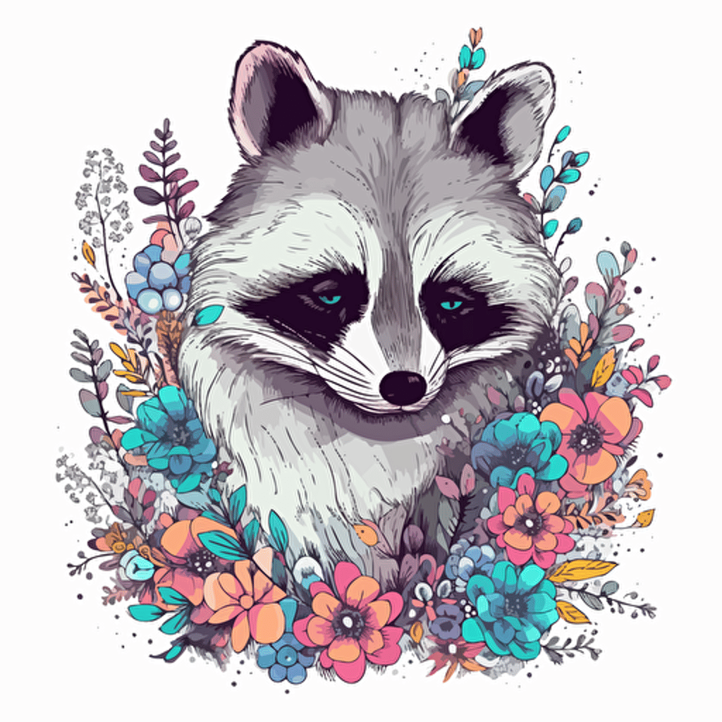 a bright pastel colored racoon on a white background with colorful wildflowers growing around it + detailed doodle style + white background + simple vector + bright pastel colors