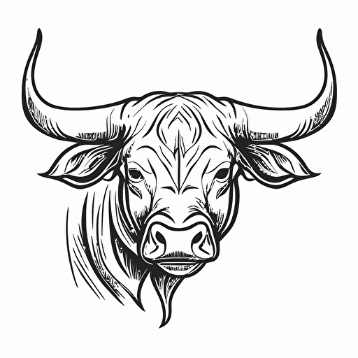 black outline of a bull head in cartoon style drawing on a white background flat vector drawing
