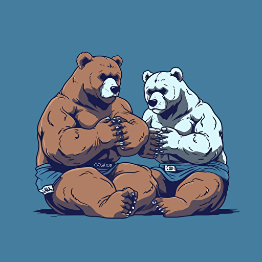 2 Bears wrestling. First Bear is layed out flat on the ground. Second Bear is standing slightly kneeling with one knee on First Bear's stomach, Both Bears wearing jiu jitsu clothes,, vector animation illustration, 4 colors limit, solid background, high resolution