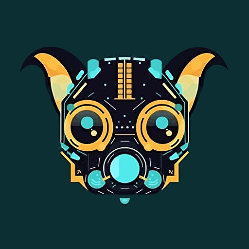 straight-on reduced color palette simplified minimal vector illustration iconic avatar profile picture of a cyberpunk chihuahua head with big eyes on dark solid color background, googie style, symmetry