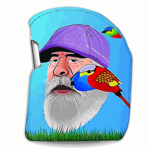 Scotty cameron putter cover of funny, angry old Scottish man face only with beard and golf hat, birds, playful, brightly coloured, vector, solid colour
