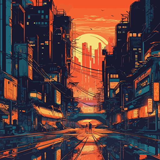 An anime landscape cyber punk orange and blue light vector