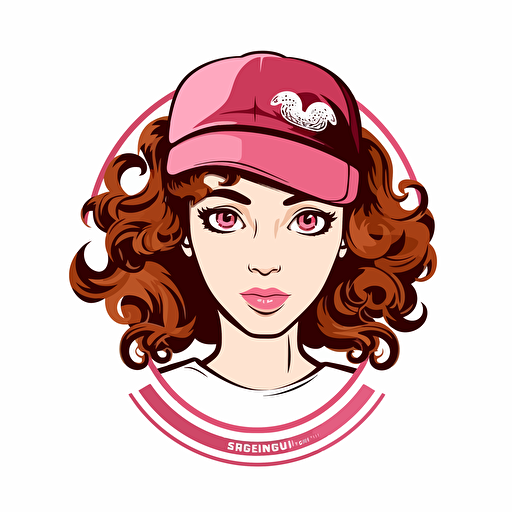 very simple vector logo of a girl with dark red very curly hair, a pink white cap, brown eyes, background pink