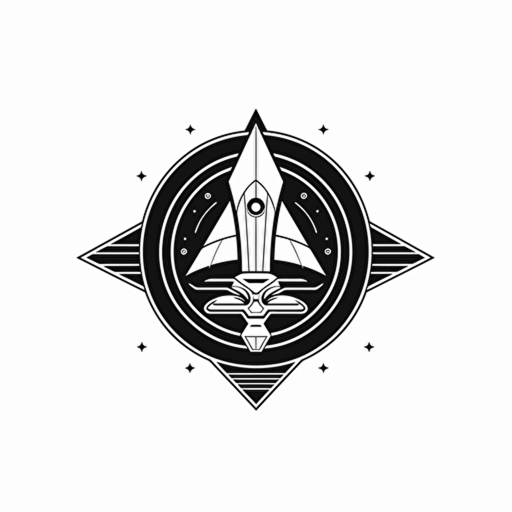 wisdom starship illustration, minimal, outline strokes only, black and white, logo, vector, minimallistic, white background