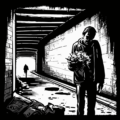 line without shadow, hatching, black and white, vector, sharp image. like sin city, homeless man under a bridge handing flowers to passersby